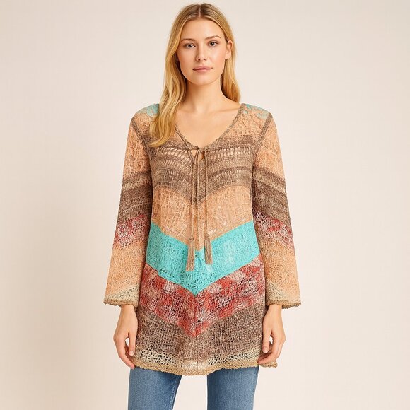 Soft Surroundings Multicolor Turquoise Red Crochet Tassel Boho Tunic Top Size L - Picture 16 of 16